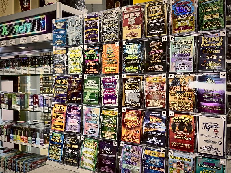 Michigan Lottery instant tickets on display at the counter