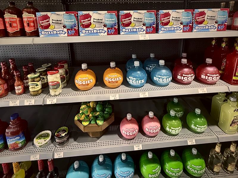 Shelves of cocktail mixes and ready-to-drink cocktails